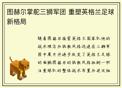 图赫尔掌舵三狮军团 重塑英格兰足球新格局
