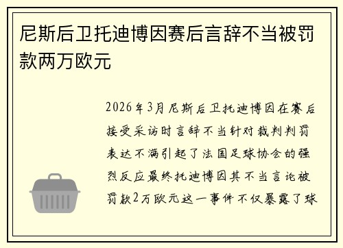 尼斯后卫托迪博因赛后言辞不当被罚款两万欧元